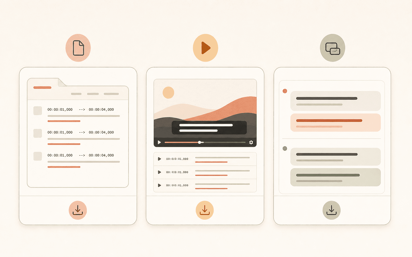 Warm minimal illustration of SRT, AI video subtitle, and bilingual subtitle tools